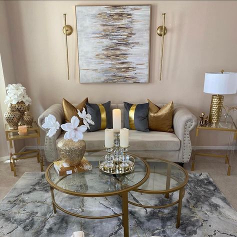 Cream And Gold Living Room, Gold Accents Living Room, Silver Living Room, Gold Living Room Decor, Glam Living Room Decor, White Living Room Decor, Elegant Living Room Decor, Town Home, Room Decor Living Room