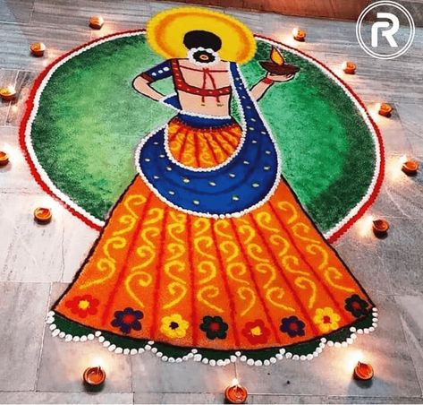 Rangoli Designs Of Girl, Diwali Rangoli Design Girl, Girl Rangoli Designs For Diwali, Girl Rangoli Designs, Diwali Rongali, Rongali Design, Girl Rangoli, Face Rangoli, Unique Rangoli Designs Beautiful