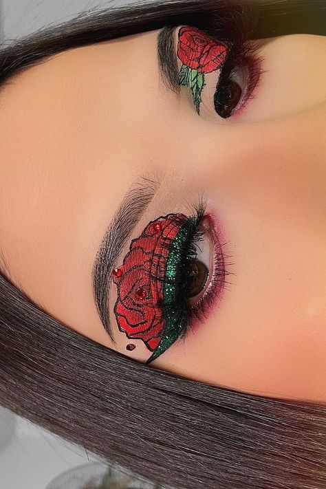 Rose Eyeliner Art, Red Rose Makeup Look, Rose Eye Makeup Art, Roses Makeup Look, Rose Makeup Look Flower, Rose Makeup Flower, Rose Inspired Makeup, Red Rose Makeup, Rose Makeup Look