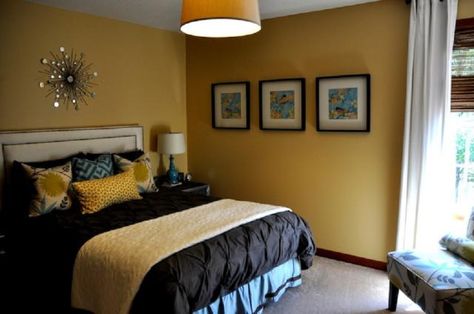 How to Decorate Your Bedroom With Yellow: Contemporary Mustard Yellow Bright Bedroom Colors, Mustard Bedroom, Yellow Bedroom Walls, Blue Green Bedrooms, Mustard Yellow Bedrooms, Mustard Yellow Walls, Yellow Bedroom Decor, Yellow Room, Yellow Living Room