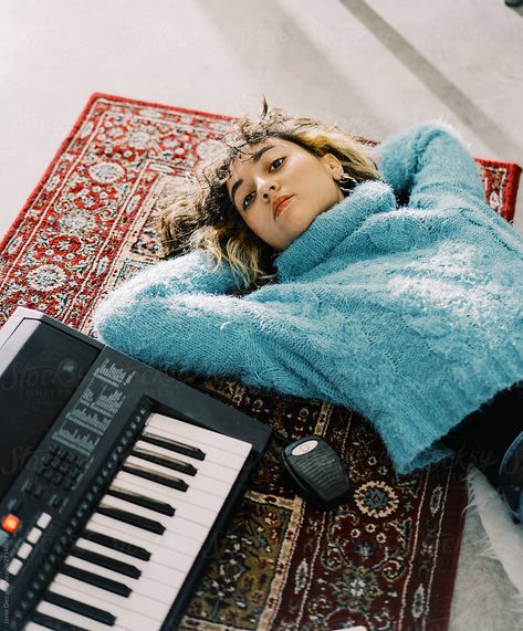 Melancholic Young Woman Lying On Floor And Dreaming At Home by Javier Díez Laying On The Floor Photography, Lying On Floor Pose, Laying On The Floor Aesthetic, Person Lying On The Floor Reference, Female Model Laying Down, Laying On Floor, Portraits At Home, Laying On The Floor, Sitting On Floor