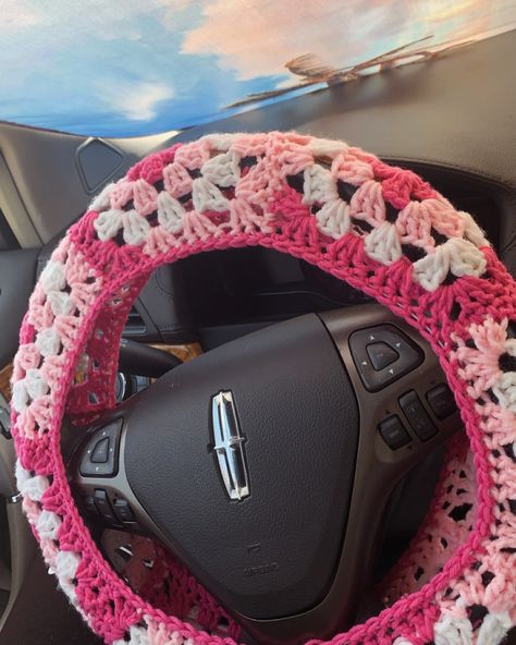 Elastic Pink Wheel Cover🎀✨ #pink#crochet#handmade#stringtingz#smallbusiness Crochet Steering Wheel Cover Pattern, Pink Seat Covers, Crochet Steering Wheel, Pokemon Cross Stitch Patterns, Pink Wheels, Car Wheel Cover, Pokemon Cross Stitch, Crochet Idea, Pink Crochet