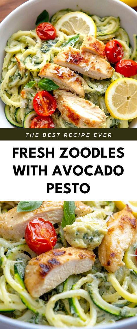 Image for Fresh Zoodles with Avocado Pesto Vegan Zoodles, Avocado Pesto Recipe, Zoodles With Chicken, Pesto Zoodles, Light Lunches, Dairy Free Recipes Dinner, Ditch The Carbs, Zoodle Recipes, Avocado Pesto