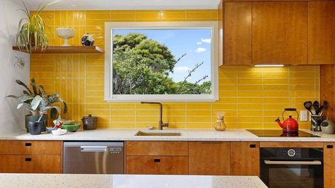 Kitchen of the Week: Channelling a Mid-century '70s vibe | Stuff.co.nz Yellow Tile Kitchen, 70s Tile, 1970 Kitchen, Mustard Yellow Kitchens, Tile Backsplash Kitchen, 1970s House, 1970s Kitchen, Tile Splashback, E Image