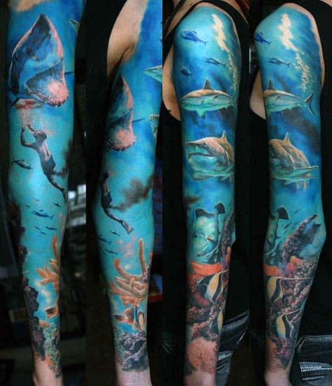 40 Ocean Sleeve Tattoos For Men - Underwater Ink Design Ideas Full Arm Sleeve Tattoo, Voll Arm-tattoos, Underwater Tattoo, Ocean Sleeve Tattoos, Ocean Sleeve, Sea Tattoo, Full Arm Tattoos, Men Tattoos, Theme Tattoo