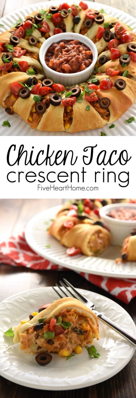 Chicken or Turkey Taco Crescent Ring ~ a delicious way to use up leftover chicken or holiday turkey...mixed with black beans, corn, and cream cheese, flavored with taco seasoning, and wrapped in light, flaky crescent roll dough for an easy yet impressive appetizer or dinner! | FiveHeartHome.com Corn And Cream Cheese, Taco Crescent Ring, Impressive Appetizers, Black Beans Corn, Turkey Taco, Crescent Recipes, Pillsbury Recipes, Crescent Ring, Holiday Turkey