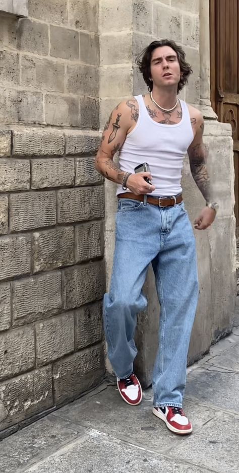 Baggy Jeans Outfit Street Styles, Wifebeater Men Outfit, Wife Beater Outfits Men, Baggy Tank Tops Men, White Beater Outfit Men, Mens Wife Beater Outfit, Male Tank Top Outfit, Tank Top Fits Men, Tank Top Men Fashion Street Styles