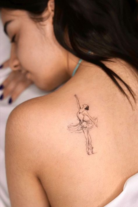 Gorgeous Micro Realism Ballerina Tattoo - EXP Haus Tattoo Studio London Fine Line Inspired Tattoo, Dancer Tattoos For Women, Ballet Fine Line Tattoo, Realistic Fine Line Tattoo, Dance Inspired Tattoos, Ballet Tattoo Ideas, Ballet Tattoo Minimalist, Tattoo Ideas Realism, Dancer Tattoo Ideas