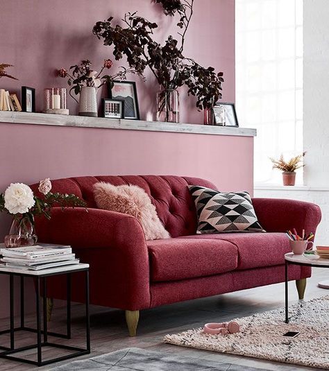 Colorful Sofas, Red Sofa Living Room, Velvet Couch Living Room, Burgundy Bedroom, Burgundy Living Room, Pink And Grey Room, Monochrome Living Room, Pink Living Room Decor, Contemporary Decor Living Room