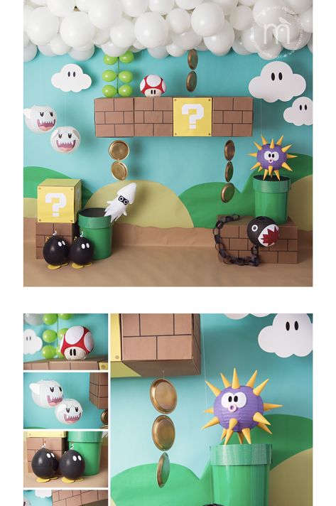 Mario Classroom Decorations, Diy Bowser Decorations, Mario Bros Props, Mario Cart Halloween Decorations, Mario Photo Backdrop, Mario World Decorations, Super Mario Props Diy, Mario Bros Trunk Or Treat Ideas, Mario Castle Diy