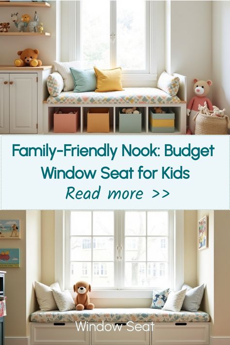 Colorful window seat with soft edges and hidden toy storage for kids Kids Room Window Seat, Small Window Seat, Playroom Window, Custom Window Seat, Window Seat Design, Window Ledge, Small Windows, Window Room, Cozy Nook