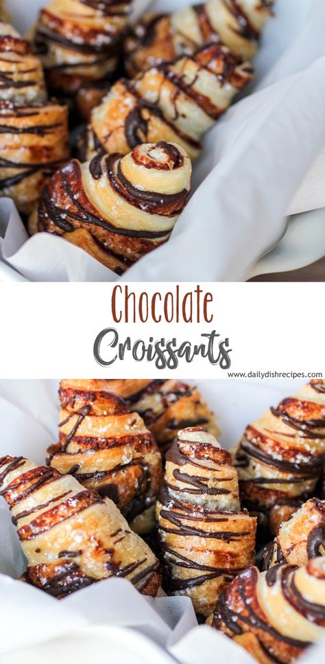 Looking for a quick chocolate fix? These easy chocolate croissants are ready in only 20 minutes and full of chocolate, then drizzled with more chocolate and sprinkled with powdered sugar. A fun and delicious treat, anytime! Sheet Pan Chocolate Croissant, Chocolate Corrisants, Almond Chocolate Croissant Recipe, Crescent Roll Chocolate Croissant, Chocolate Crossaints Recipe, Chocolate Cresent Rolls Pillsbury, Chocolate Brunch Recipes, Chocolate Crossiants Recipes, Mini Chocolate Croissants