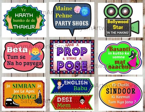 31 Bollywood Party Props, Bollywood Photo Booth Props, Indian Party Signs, Bollywood Dialogue Props, Printable Wedding Props, Funny Props Bollywood Photo Booth, Funny Photo Booth, Holi Party, Birthday Props, Wedding Photo Booth Props, Bollywood Party, Indian Party, Bollywood Photos, Wedding Photo Booth