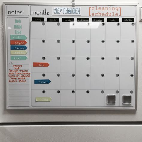 Cleaning schedule made on magnetic white board with magnetic months and names Magnetic White Board, Todo List, Cleaning Schedule, Whiteboard, White Board, Vision Board, Design Ideas, Magnets, Layout