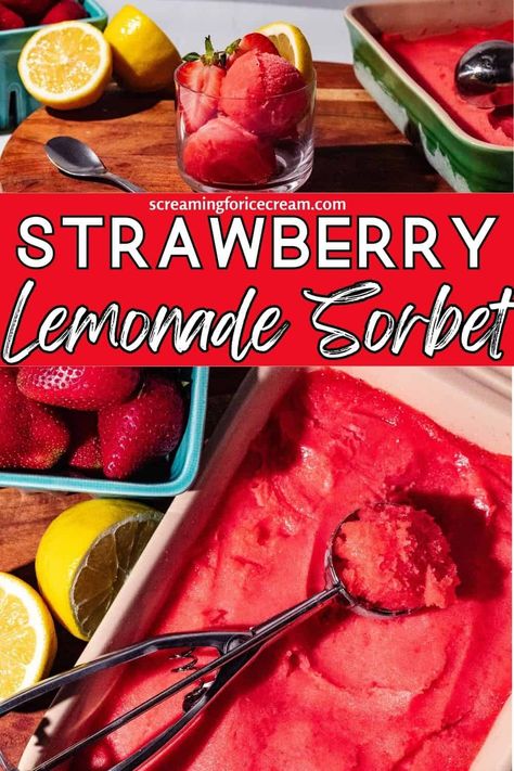 This strawberry and lemon sorbet recipe is made with an ice cream maker, but couldn't be easier to make. Strawberry Lemonade is great for cooling down on hot summer days, but made into a sorbet recipe, it's even better! It's the perfect easy summer recipe for BBQs, pool parties, and so much more! Homemade Strawberry Sorbet, Blended Strawberry Lemonade, Strawberry Lemonade Sorbet, Strawberry Lemonade Sorbet Recipe, Strawberry Lemon Sorbet Recipe, Sorbet Recipes Easy, Strawberry Lime Sorbet, Lemon Sorbet Recipe, Homemade Strawberry Lemonade