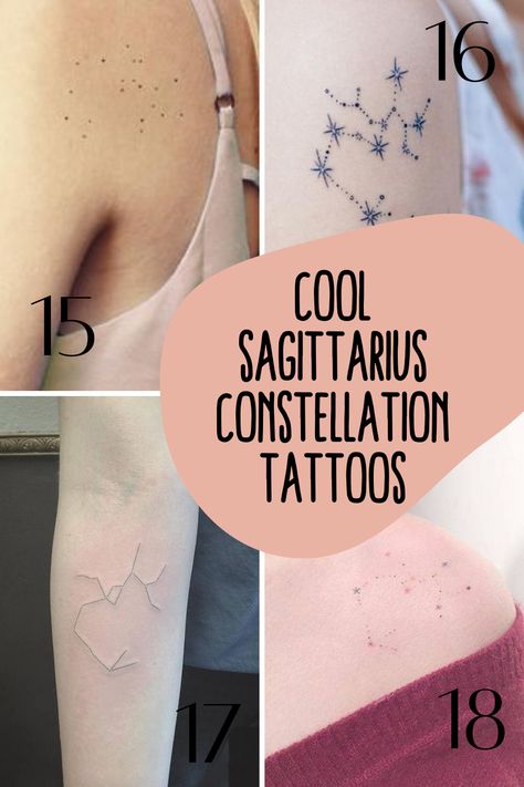 47 Fiery Sagittarius Tattoos Filled With Pride, Courage, + Fury - tattooglee Zodiac Constellation Tattoo Sagittarius, Saggitarius Tattoo Constellation, Cute Zodiac Tattoos, Saggitarius Constellation Tattoo, Constellation Tattoo Sagittarius, Archer Tattoo Sagittarius, Zodiac Tattoos Sagittarius, Tattoo Ideas Sagittarius, Tattoos Sagittarius