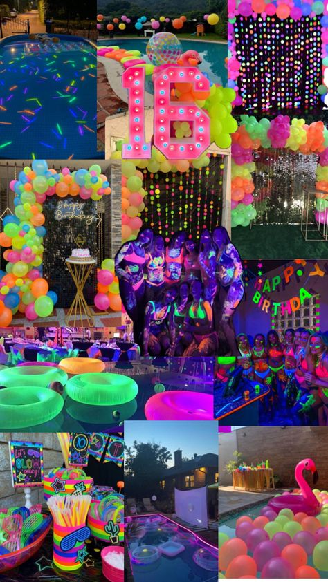 Neon+Pool+Movie Neon Pool Party, Sweet 16 Pool Parties, Neon Sweet 16, Neon Pool Parties, Glow Theme Party, Pool Movie, Neon Party Decorations, 14th Birthday Party Ideas, Neon Birthday Party