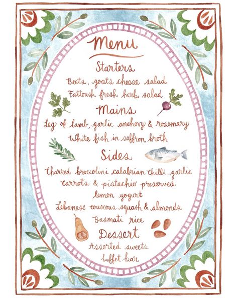 Hand painted wedding menu. Simple and elegant with a few illustrations in between and hand painted cursive text. All in watercolours. #weddingmenu #customweddingmenu #customweddinginvitations #weddingstationary #customweddingstationery #handpaintedweddinginvitations Menu Watercolor, Fresh Herb Salad, Watercolor Menu, Cursive Text, Rice Desserts, Lemon Yogurt, Herb Salad, Preserved Lemons, Hand Painted Wedding