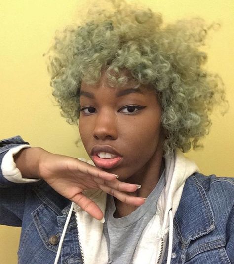 Matcha green fro 🌵✨ Matcha Green Hair Color, Green Natural Hair Black Women, Matcha Green Hair, Green 4c Hair, Dyed Curly Hair Green, Short Fluffy Green Hair, Blue Green Curly Hair, Pastel Green Hair, Short Green Hair