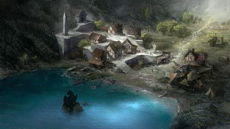 Village Concept Art, Dark Souls Concept Art, Lakeside Village, Viking Village, Dark Souls 2, Bloodborne Art, Assassin's Creed Valhalla, Medieval World, Seaside Village