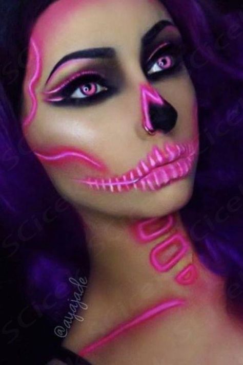 halloween make up #halloween #halloweenmakeup #hotpink #skeleton #halloweencostume #costumeideas #scary #neon #purplehair #affiliate Pink Witch Makeup Halloween, Glow Skeleton Makeup, Skeleton Makeup Colorful, Zombie Barbie Makeup, Glow In The Dark Halloween Makeup, Pink Halloween Makeup Looks, Colorful Skeleton Makeup, Pink Skeleton Makeup, Neon Skeleton Makeup