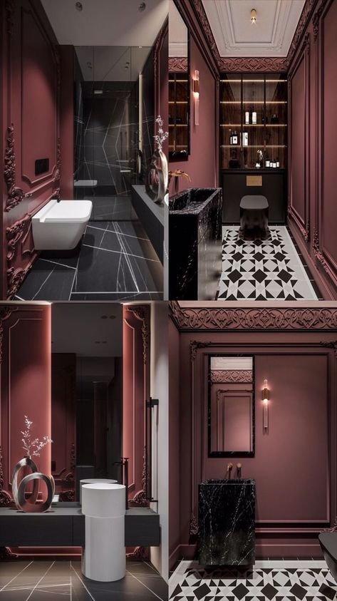 Burgundy Toilet Room, Dark Maroon Bathroom, Burgundy Bathroom Ideas, Wall Ideas Bathroom, Wine Bathroom, Maroon Bathroom, Bathroom Accent Wall Ideas, Bathroom Accessories Ideas, Burgundy Bathroom