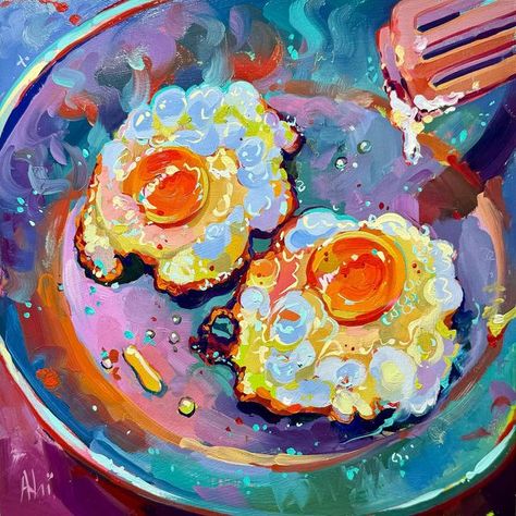 Fried Egg Drawing, Fried Egg Painting, Acrylic Painting Basics, Crispy Eggs, Oc Reference, Huevos Fritos, Colorful Oil Painting, Art Painting Gallery, Egg Painting