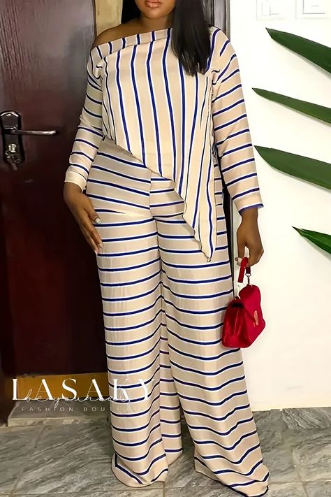 Lasaky - Contemporary Two-Piece Set with Striped Patchwork and Flattering Oblique Collar for Plus-Size Fashion Trouser And Top For Ladies, Two Piece Outfits Pants, Plus Size Streetwear, Classy Jumpsuit, Wide Leg Pant Suit, 2piece Outfits, Plus Size Two Piece, Streetwear Tops, Plus Size Jumpsuit