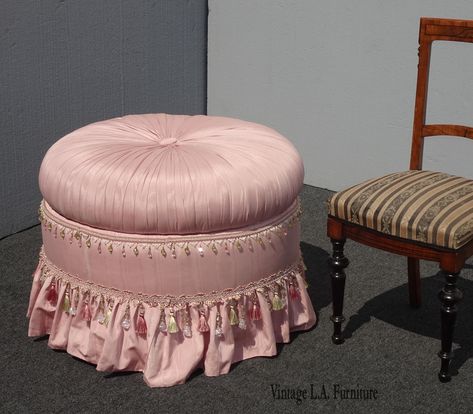 Large Vintage French Country Shabby Chic Pink Tufted Ottoman Storage w Tassels & Beads Vintage Pink Bedroom, Pretty Vanity, Pink Ottoman, Pink Dollhouse, Black Leather Chair, French Country Shabby Chic, Vintage French Country, Ottoman Storage, Tufted Ottoman