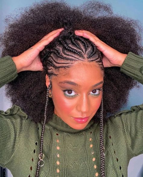 Fulani Braids With Marley Hair, Half Cornrows Half Natural Hair, New Hairstyles 2022, Ladies Cycle, Afro Puff Hairstyles, Hair Trends 2024, Half Cornrows, Vacation Hair, Headwrap Hairstyles