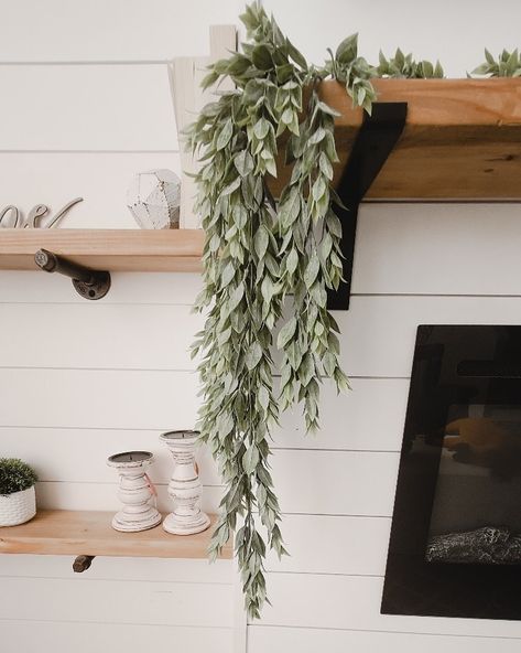 Mantle Greenery Year Round, Fireplace Mantle Decor Farmhouse, Greenery On Mantle, Mantle Greenery, Mantle Decor Farmhouse, Pine Shiplap, Wall Floating Shelves, Greenery Wall Decor, Farmhouse Mantle