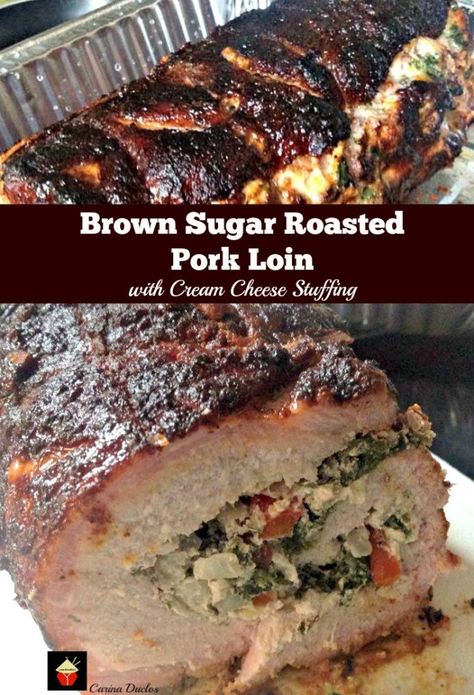 Brown Sugar Roasted Pork Loin with Cream Cheese Stuffing Pork Lion Recipes, Pork Loin Stuffed, Tender Pork Loin, Pork Loin Recipes Oven, Roasted Pork Loin, Cream Cheese Spinach, Cheese Spinach, Pork Roast Recipes, Stuffed Pork