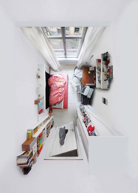 “For me as an artist, watching from a higher position on a small space is interesting because I can see someone’s ‘compressed personality,’ ” says photographer Menno Aden about his work. See more room portraits, taken from above, HERE:  http://slate.me/TVGsL4 Mini Loft, Living Interior, Small Homes, Small Apartment, Abandoned Houses, Birds Eye View, Birds Eye, 인테리어 디자인, Aerial View