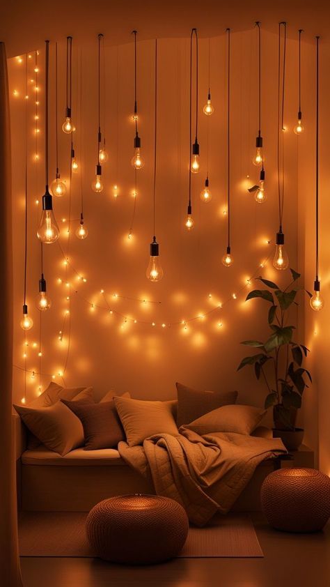 The combination of lights, decorations, and the wooden furniture creates an inviting atmosphere filled with warmth and holiday cheer. Curtain Lights Reading Nook, Warm Hanging Lights, Hanging Ceiling Decor Bedroom, Hanging Lights In Bedroom Ceilings, Cozy Room Lighting, Warm Lighting Living Room, Hanging Lights In Bedroom, Living Room String Lights, Snug Corner