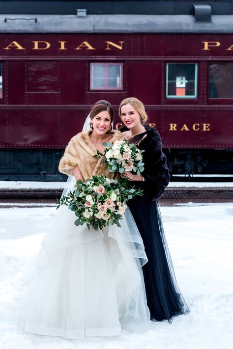 Winter Wedding at Steam Whistle Brewing — Amir & Danielle Photography Winter Wedding Bridesmaids Shawl, Winter Wedding Bridesmaid Dresses, Winter Wedding Bridal Party, Winter Bridal Party, Winter Wedding Fur Shawl, Winter Bridesmaid, Steam Whistle, Vintage Winter Weddings, Wedding Surprise