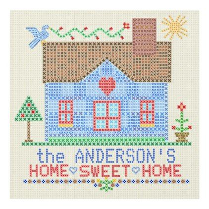 Home Sweet Home Cross Stitch House Personalized Panel Wall Art - vintage gifts retro ideas cyo Home Sweet Home Cross Stitch, Home Cross Stitch, Country Ideas, Cross Stitch House, Country House Design, Personalized Canvas Print, Personalized Mouse Pad, Ornament Diy, Rustic Gifts