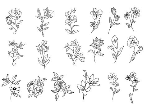 Flower Tattoos Fine Line, Small Outline Tattoo Ideas, Floral Flash Tattoo, Fine Line Tattoo Flash, Tattoo Designs Fine Line, Mini Flower Tattoos, Line Tattoo Flower, Little Flower Tattoo, Flower Finger Tattoo