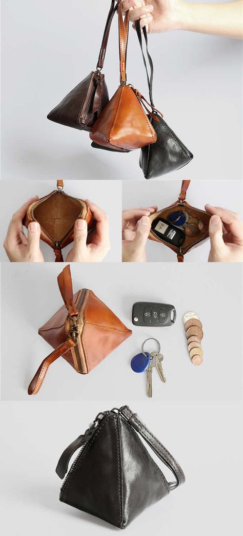 Handmade Genuine Leather Earphone Storage Bag Wallet Key Coin Purse Card Holder Coin Triangle  Bag Key Holder Pouch Bag Car Key Holder Case for Men Women Triangle Key Fob Pouch Pattern, Key Holder Leather Handmade, Key Case Holder, Accessories Design Portfolio, Belt Key Holder, Leather Fob, Key Purse, Car Key Holder, Leather Key Holder