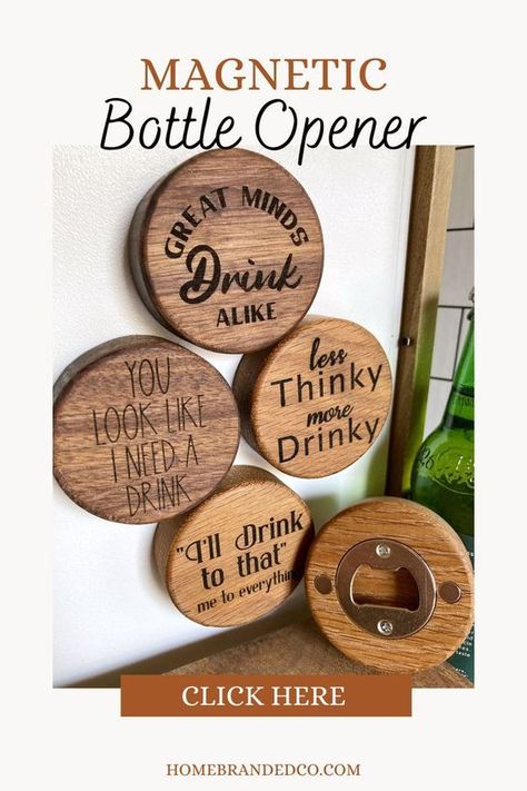 Magnetic Wooden Bottle Opener #woodslicemagic #diyhomedecor #sustainablecrafts #naturalart #woodslicedecor #diygiftideas #Woodworking #WoodworkingTips #WoodworkingProjects #WoodworkingIdeas #WoodCraft #WoodArt #DIYWoodworking #WoodworkingCommunity #HandmadeWoodwork #WoodworkingSkills #WoodworkingLife #WoodworkingInspiration #WoodworkingCrafts #WoodworkingDesign #DIYWoodGingerbreadHouses Wooden Cnc Projects, Bottle Opener Coaster, Funny Bottle Openers, Functional Wood Projects, Engraver Ideas Diy, Bottle Openers On Wood, Laser Craft Ideas, Laser Engraving Ideas Metal, Wood Burning Crafts To Sell