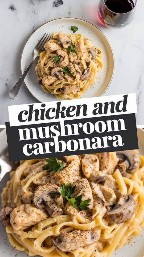 Easy Chicken Thigh Carbonara: A Perfect Bacon and Mushroom Recipe Baked Dinners, Recipes Mushrooms, Mushroom Carbonara, Bacon And Mushroom, Delicious Dinner Ideas, Quick Delicious Dinner, Perfect Bacon, Chicken And Mushrooms, Thyme Chicken