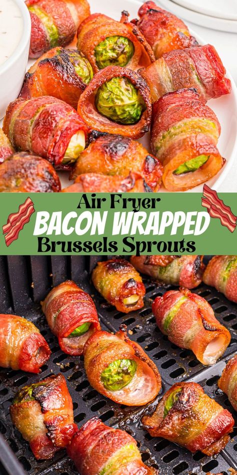 Bacon Wrapped Brussels Sprouts, Brussel Sprouts Appetizer, Bacon Wrapped Brussel Sprouts, Air Fryer Brussel Sprouts, Air Fry Bacon, Air Fryer Brussels Sprouts, Brussel Sprouts With Bacon, Air Fryer Bacon, Crispy Brussel Sprouts