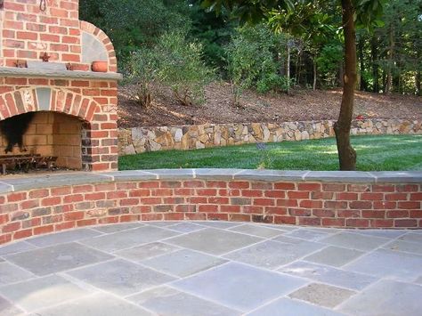 pattern bluestone patio and sitting bench cap Stone Patio Designs, Bluestone Patio, Brick Garden, Stone Patio, Outdoor Remodel, Flagstone Patio, Patio Wall, Front Patio, Brick Patios