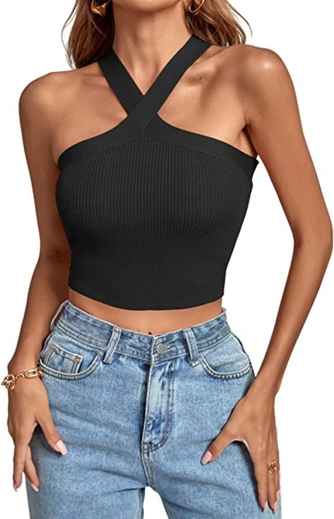 Shop Now! #Summer #Summeroutfit #Aesthetic #Beach #Beachwear #y2k #Style #Streetstyle #Outfit #Trending #New Summer Tank Top Outfits, Criss Cross Halter Top, Crop Top Sleeveless, Criss Cross Tank Top, Tank Top Outfits, Halter Tank Top, Womens Tops Summer, Halter Crop Top, Top Sleeveless