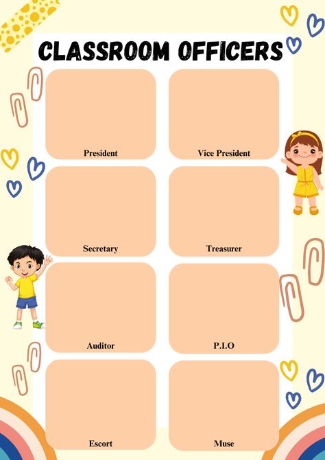 Class Officers Background Design, Classroom Officers Template Aesthetic, Classroom Officers Background Design, Class Officers Bulletin Board, Class Officers Template Canva, Class Officers Template Aesthetic, School Officers Posters, Class Officers Template, Classroom Officers Chart Design