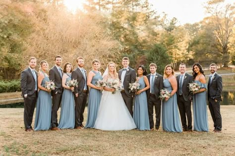 Slate Blue Tuxedo Wedding, Dusty Blue Bridesmaid Dresses Grey Suits, Groomsmen Attire Grey And Blue, Dusty Blue Gray Wedding, Dusty Blue Navy And Gray Wedding, Bridal Party Dusty Blue, Wedding Party Dusty Blue, Bride And Groom With Wedding Party, Dusty Blue Wedding Party Groomsmen