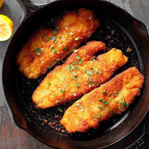 My state is known as the Land of 10,000 Lakes, so fishing is a favorite recreational activity here. This recipe is a quick way to prepare all the fresh walleye hooked by the anglers in my family. —Kitty McCue, St. Louis Park, Minnesota Walleye Recipes, Walleye Fish Recipes, Iron Skillet Recipes, Skillet Recipes, Cast Iron Skillet Recipes, Cast Iron Recipes, Cast Iron Cooking, Skillet Meals, Seafood Dinner