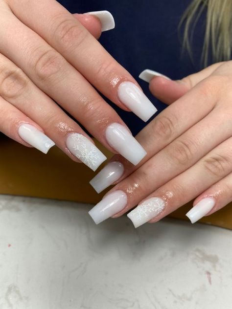 Hailey Bieber Nails With Rhinestones, Milky White Nails With Snowflakes, Simple Winter Nails Square, Winter Acrylic Nails Ideas, White Winter Nails Acrylic, Square Acrylic Nails Winter, Snowflake Nails Acrylic, Wintry Nails, Xmas Nails Simple