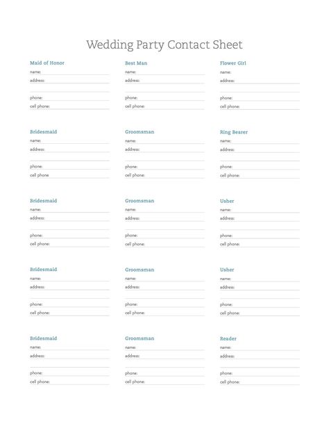 wedding party contact sheet Wedding Contact Sheet, Wedding Contact List, Wedding Themes Lavender, Green Flowers Bouquet, Wedding Processional Order, Processional Order, Fairy Tale Wedding Ideas, Free Wedding Planner Printables, Extra Wedding