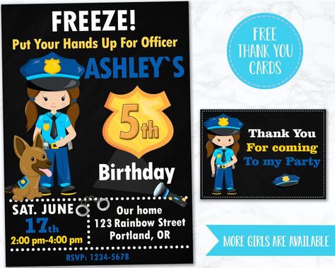 Police Officer Party, Officer Party, Police Birthday Invitations, Police Invitation, Police Birthday, Cops And Robbers, Free Thank You Cards, Boy Birthday Invitations, Police Badge