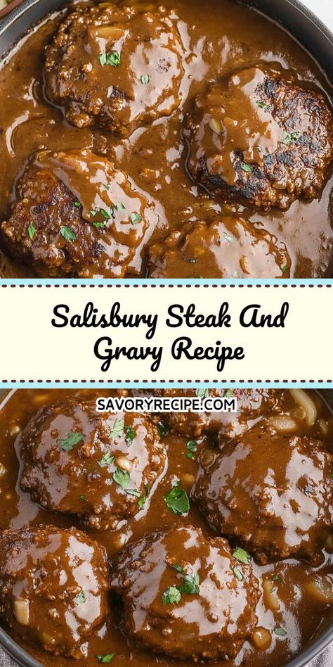 Looking for a classic comfort food that’s quick to prepare? This Salisbury Steak and Gravy Recipe is a must-try, turning simple ground beef into a flavorful delight. Save this recipe for a delicious weeknight dinner that will impress your family and friends! Salisbury Steak And Gravy, Onion And Mushroom Gravy, Best Salisbury Steak, Steak And Gravy Recipe, Best Salisbury Steak Recipe, Ground Beef Crockpot Recipes, Steak And Gravy, Pork Steak Recipe, Salisbury Steak Recipe